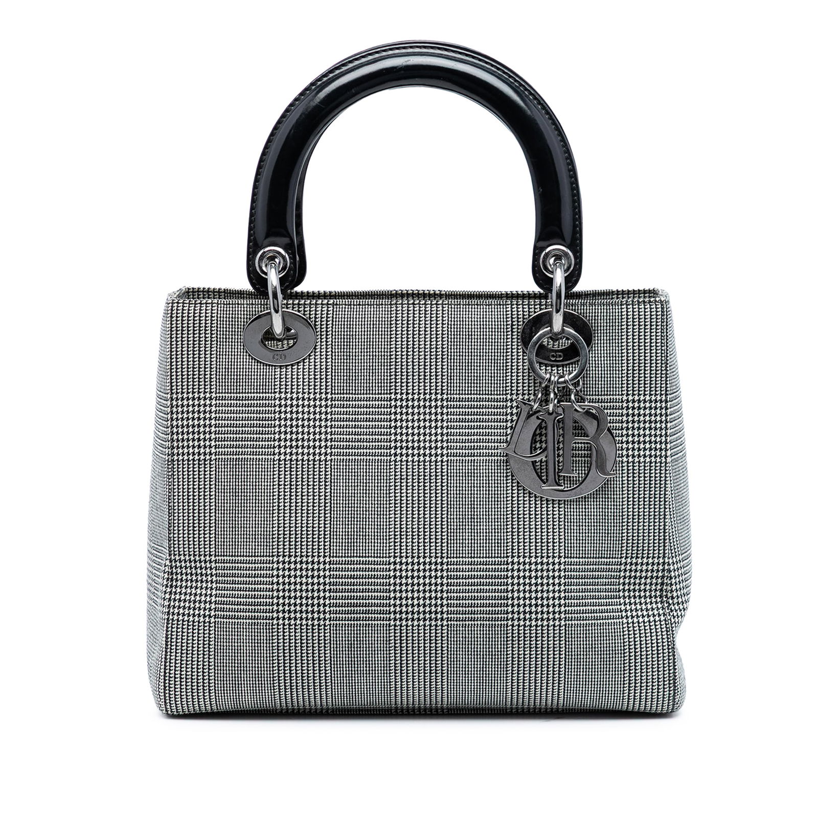 Dior Medium Canvas Houndstooth Bag Gray Italy: Dior Medium Canvas Houndstooth Bag Gray Italy Introducing the Medium Canvas Houndstooth Lady Dior, a sophisticated bag that showcases a stylish canvas body with a chic houndstooth pattern. This elegan