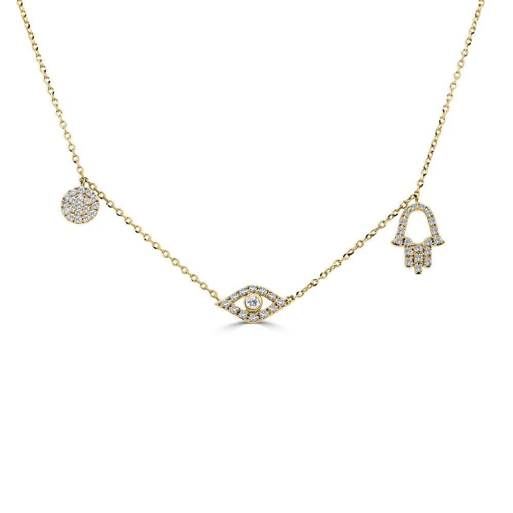 Sabrina Designs Diamond Evil Eye Necklace 14K Yellow Gold 0.23 CTW: Sabrina Designs Diamond Evil Eye Necklace 14K Yellow Gold 0.23 CTW This exquisite Diamond Evil Eye Charm Necklace showcases a stunning round pendant crafted in 14K yellow gold. Featuring a total diamo