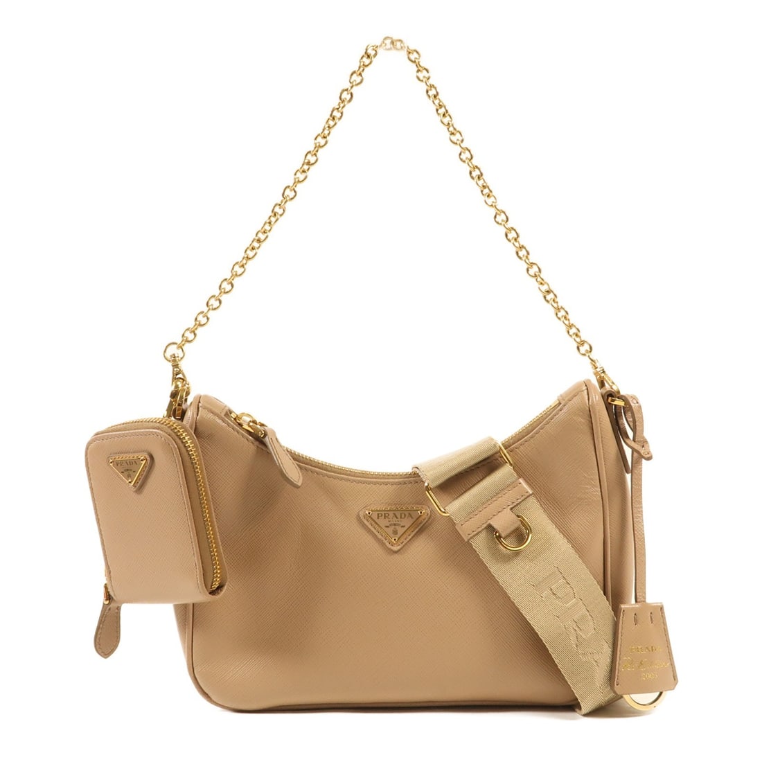 PRADA Re-Edition 200 GHW Shoulder Bag Saffiano Leather Beige 1BH204 (1 of 12)