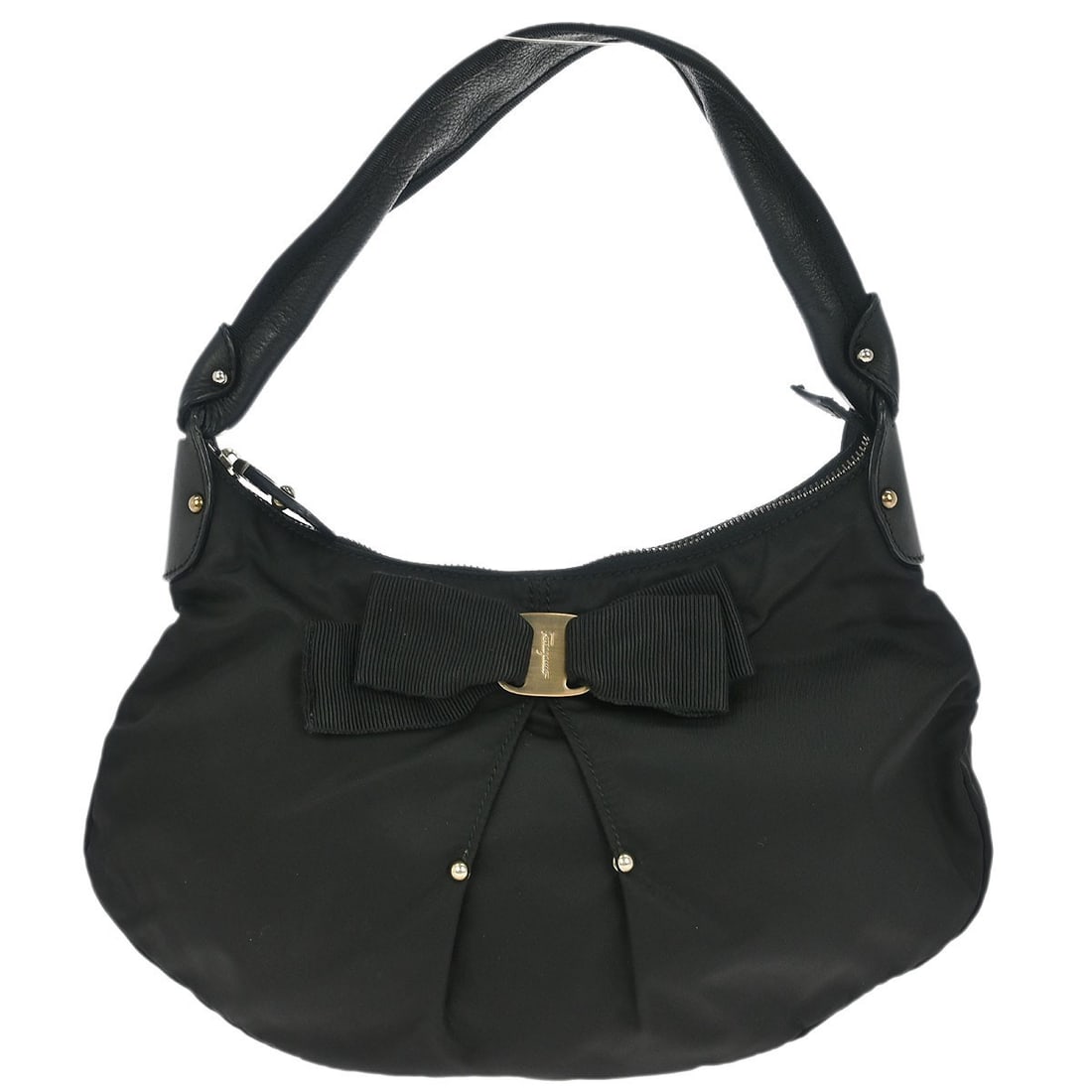 Salvatore Ferragamo Black Nylon Vara Bow Top Handle Handbag: Salvatore Ferragamo Black Nylon Vara Bow Top Handle Handbag This elegant Salvatore Ferragamo handbag features a stylish black nylon exterior complemented by leather accents. Designed for casual occasi
