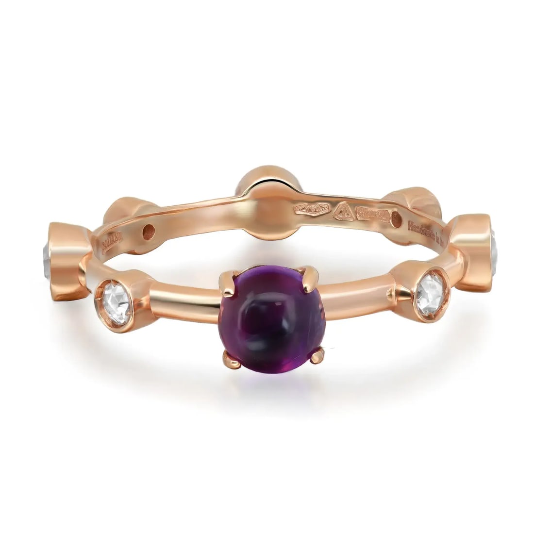 Damiani 18K Rose Gold Amethyst Diamond Band Ring Size 7.5: Damiani 18K Rose Gold Amethyst Diamond Band Ring Size 7.5 This exquisite Damiani band ring is a stunning expression of elegance and style, showcasing a central round cut amethyst in a secure prong set