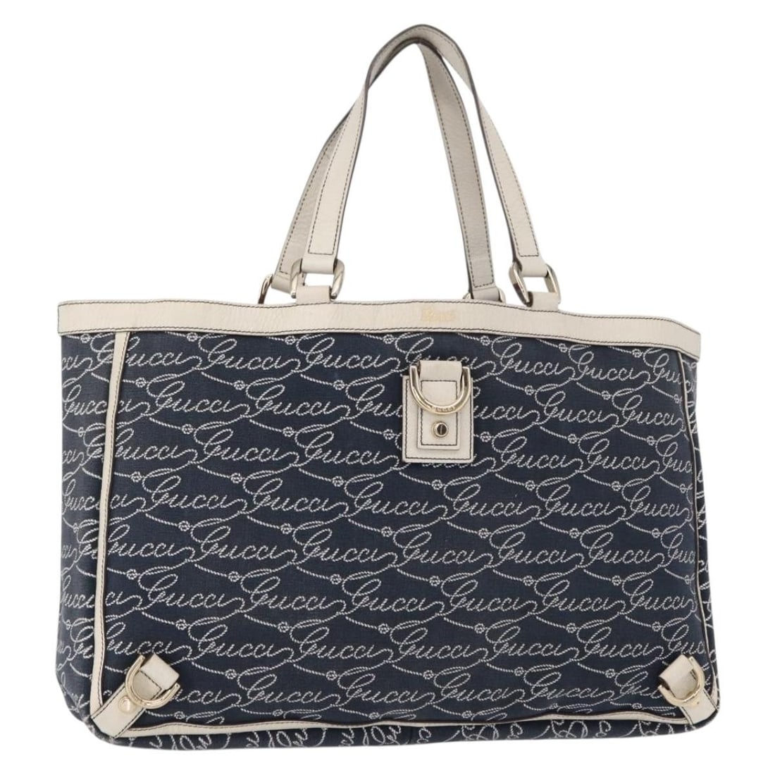 Navy Gucci Abbey Tote Bag with Dual Handles: Navy Gucci Abbey Tote Bag with Dual Handles This pre-owned Gucci Abbey tote bag features a navy exterior and is designed for female users. It shows signs of use including surface rubbing, slight stain