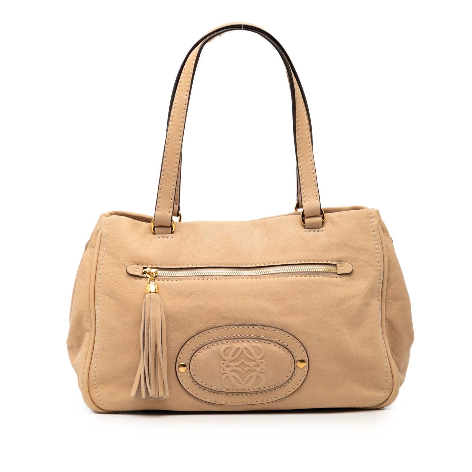 LOEWE Nubuck Anagram Madrid Fringe Bag with Tassel: LOEWE Nubuck Anagram Madrid Fringe Bag with Tassel Elevate your accessory collection with the LOEWE Nubuck Anagram Madrid Fringe Shoulder Bag. This stylish shoulder bag is crafted from high-quality nu