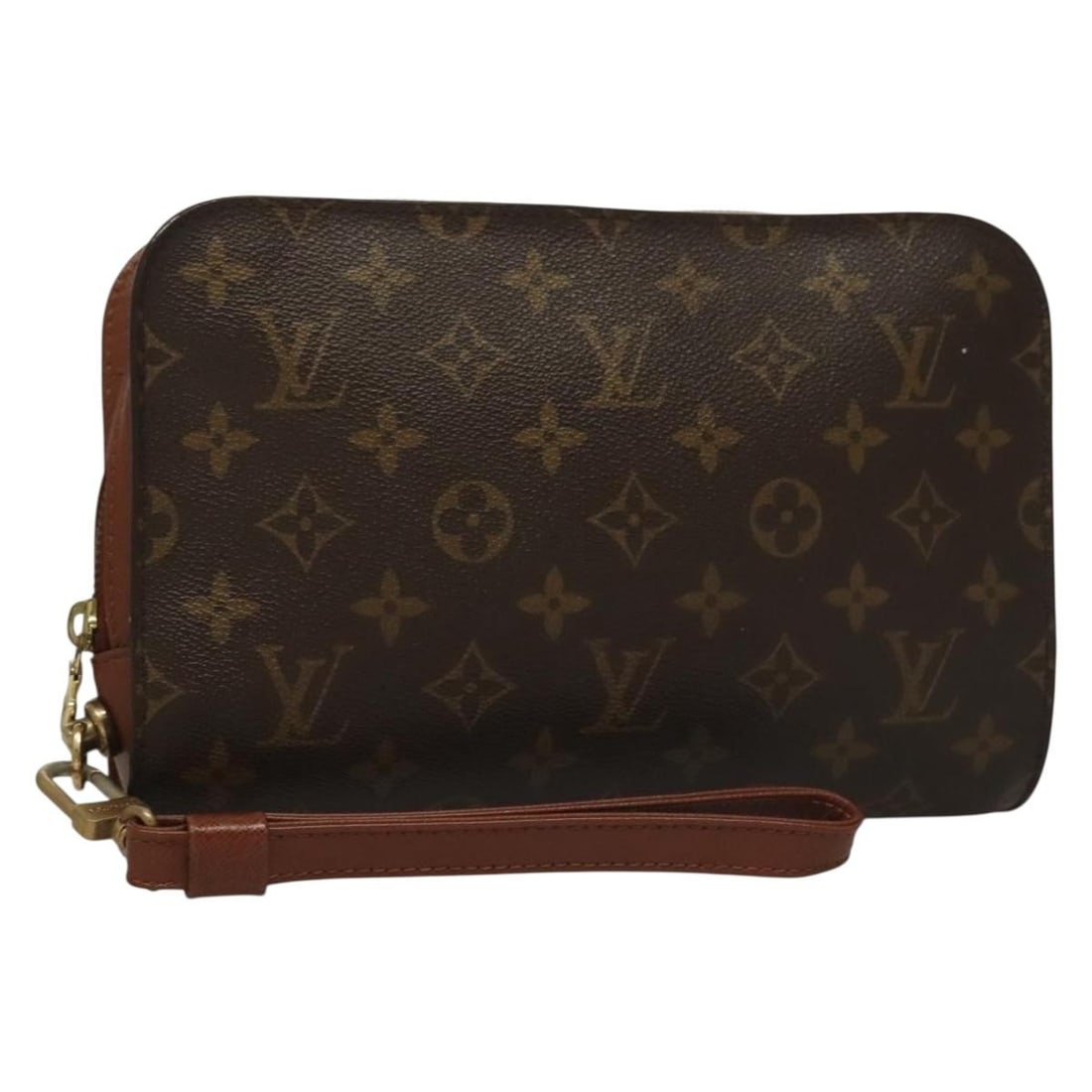 Pochette Orsay brown clutch bag by Louis Vuitton: Pochette Orsay brown clutch bag by Louis Vuitton Louis Vuitton Pochette Orsay clutch in brown, designed for women. The exterior displays some signs of use, including out-of-shape areas, rubbing, and s
