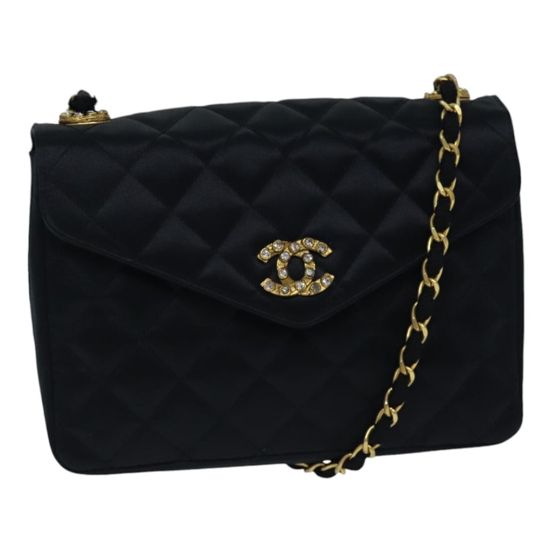 Chanel Black Envelope Flap Shoulder Bag with Compartments: Chanel Black Envelope Flap Shoulder Bag with Compartments This Chanel Envelope Compartment Flap Bag in black features a classic flap design with a compartmentalized interior. The bag shows surface rub
