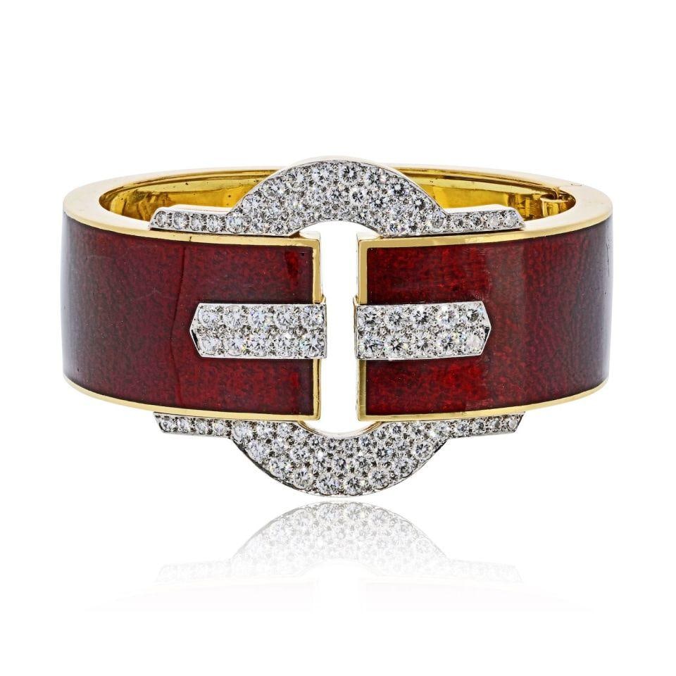 Red Enamel Diamond Buckle Cuff Bracelet in Platinum and 18K Gold by David Webb: Red Enamel Diamond Buckle Cuff Bracelet in Platinum and 18K Gold by David Webb This David Webb buckle cuff bangle bracelet showcases a bold, architectural design crafted from platinum and 18K yellow g