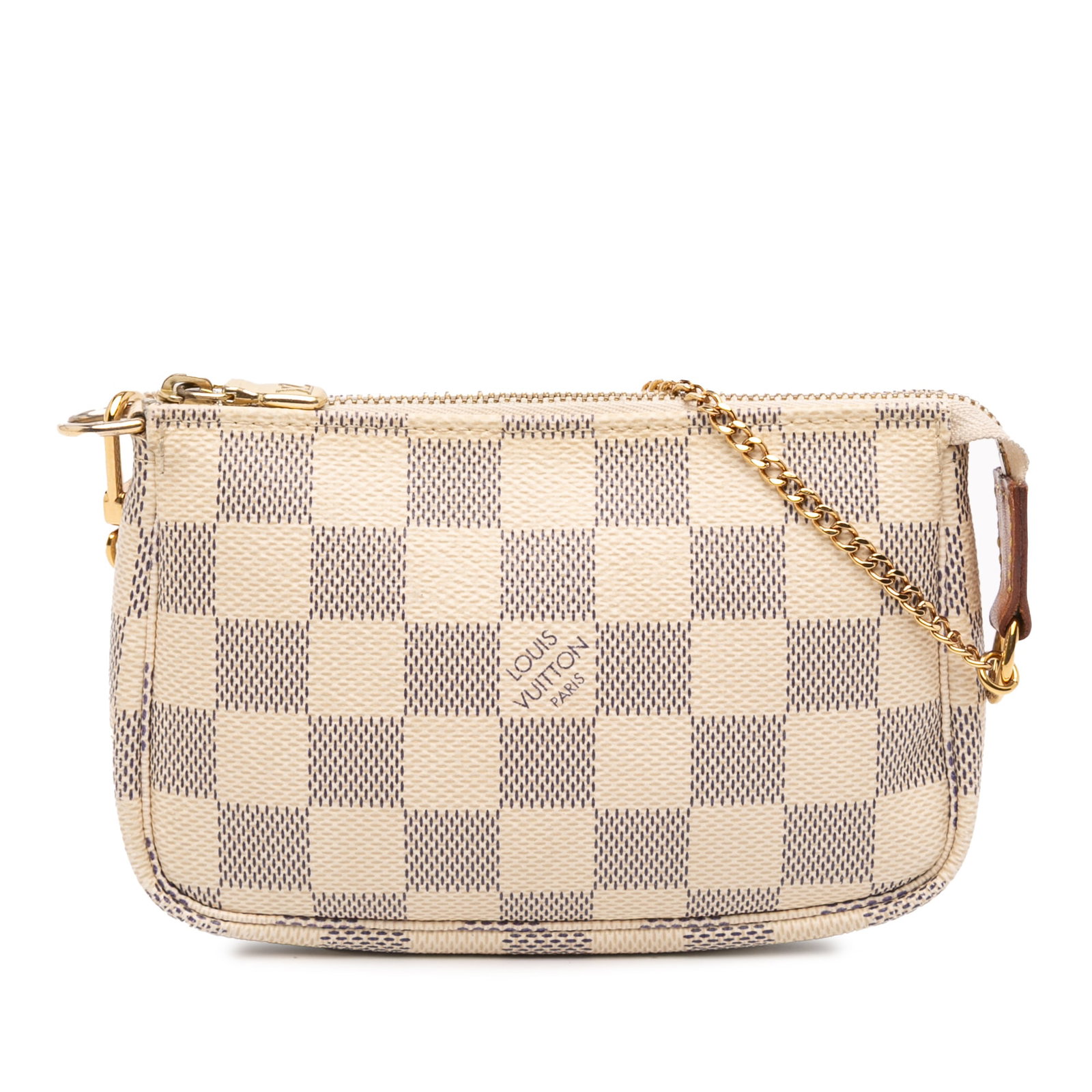 Louis Vuitton Damier Azur Mini Pochette with Chain Strap: Louis Vuitton Damier Azur Mini Pochette with Chain Strap The Louis Vuitton Damier Azur Mini Pochette Accessoires is a stylish and functional accessory crafted from durable damier azur canvas. This ele