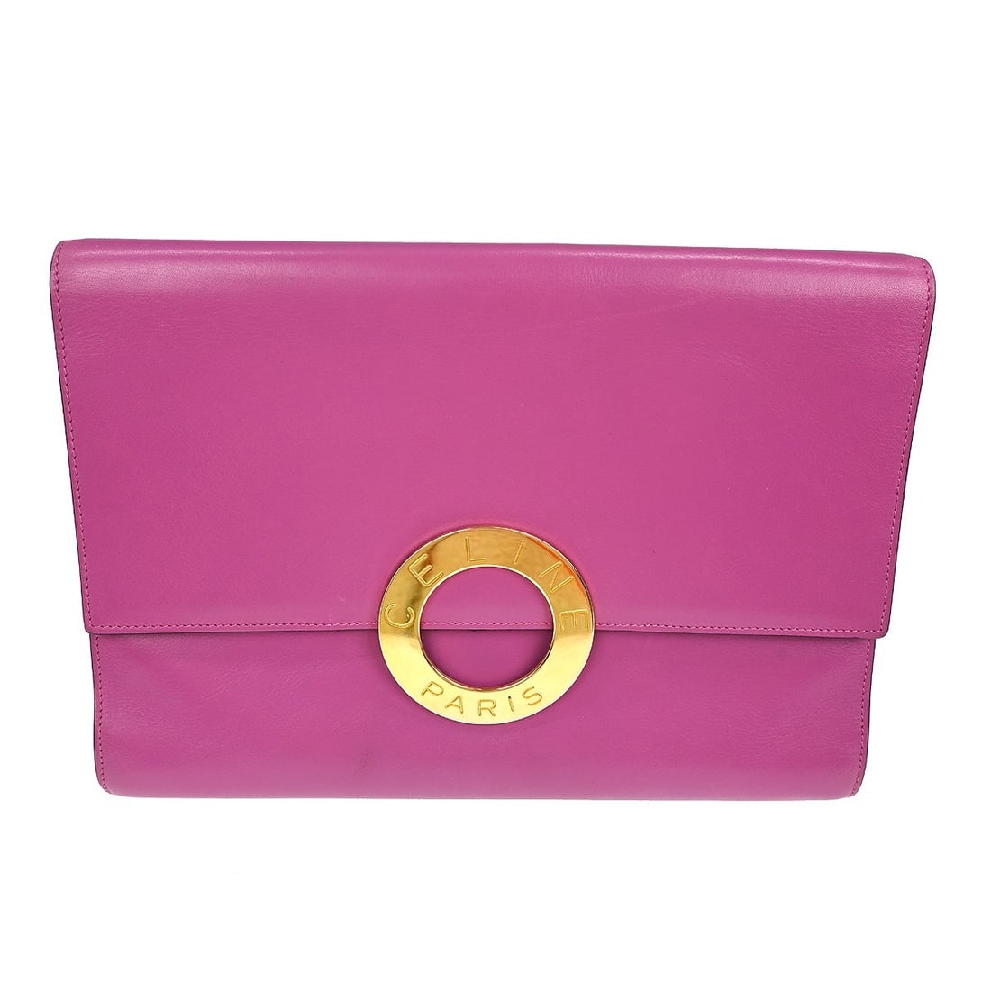 Pink Celine Clutch Bag with Circle Logo Design: Pink Celine Clutch Bag with Circle Logo Design This pre-owned Celine clutch bag features the iconic circle logo in pink. Designed for female use, it shows scratches on both the exterior and interior s