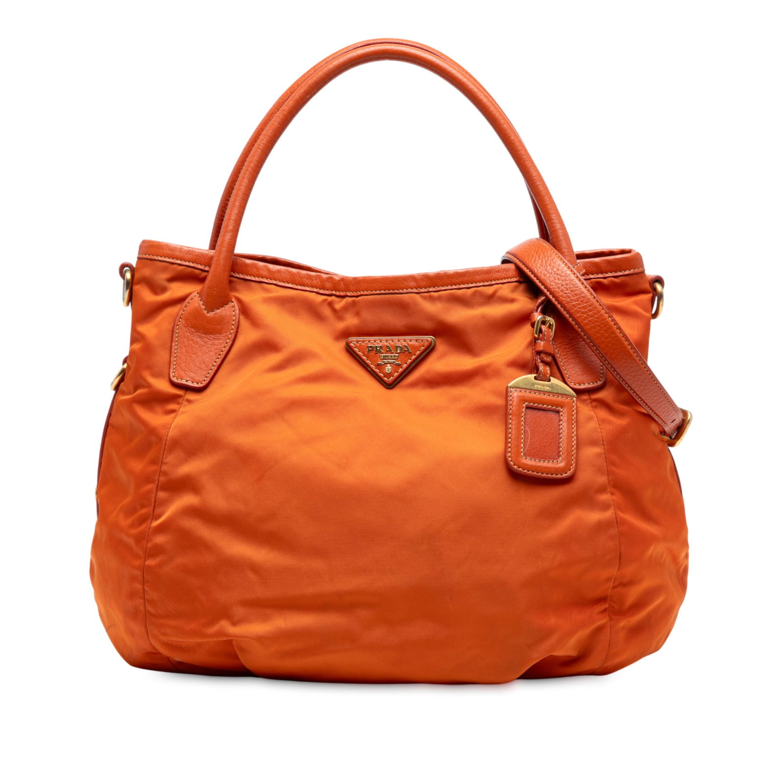 Prada Vitello Daino Trimmed Nylon Satchel Bag Orange: Prada Vitello Daino Trimmed Nylon Satchel Bag Orange Elevate your accessory collection with this Prada Vitello Daino Trimmed Tessuto Satchel. This stylish bag features a durable nylon body adorned wit