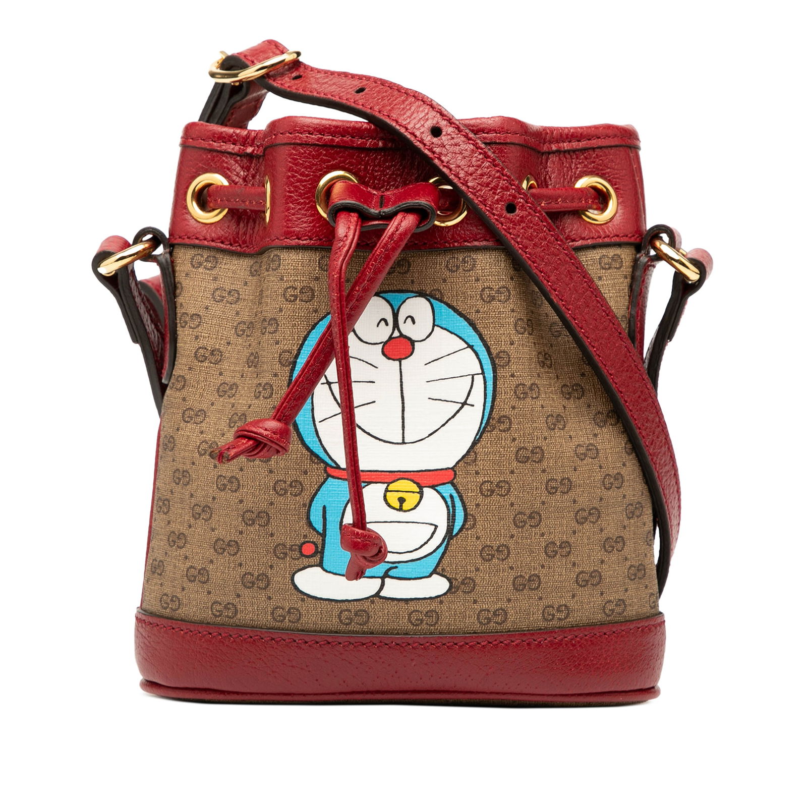 Gucci Micro GG Supreme Doraemon Bucket Bag Brown Fabric: Gucci Micro GG Supreme Doraemon Bucket Bag Brown Fabric This Gucci Micro GG Supreme Doraemon Bucket Bag is crafted from durable coated canvas with luxurious leather trim. The design features a stylish
