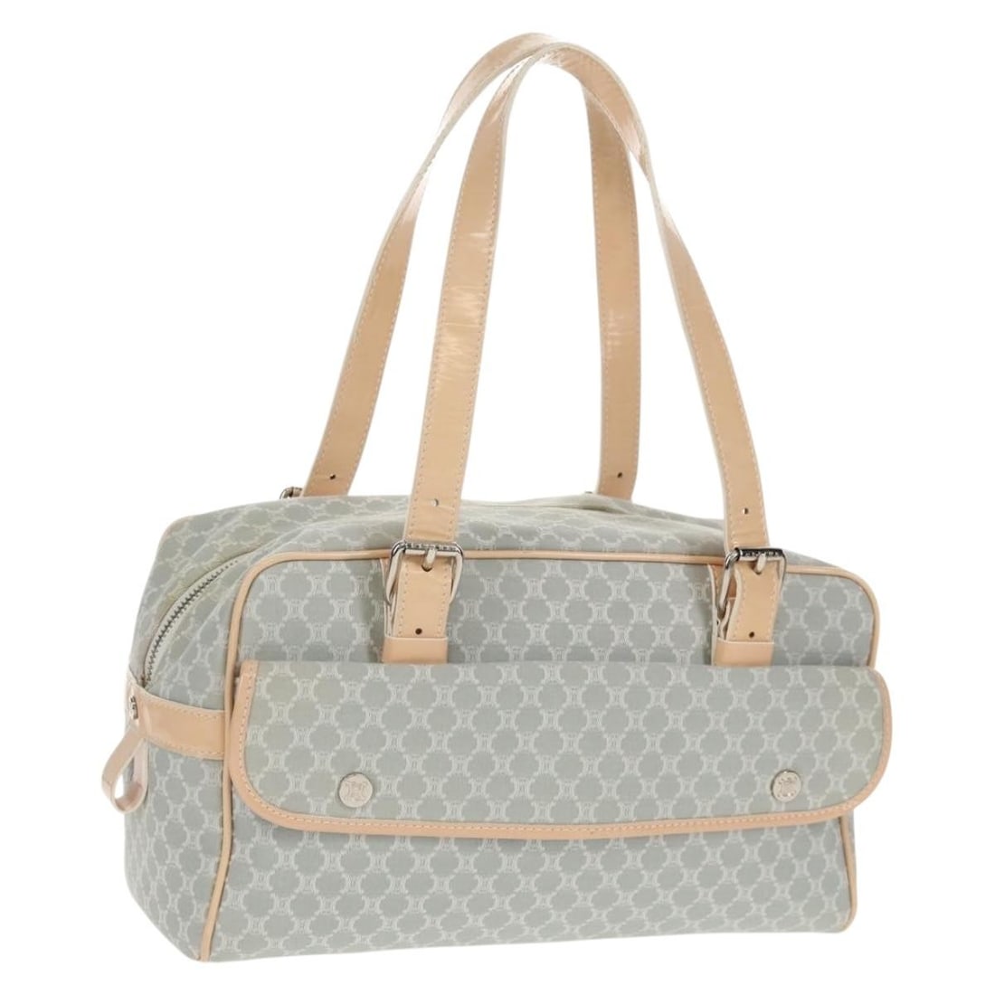 Light Blue Celine Macadam Canvas Handbag with Silver Tone Accents and Dust Bag: Light Blue Celine Macadam Canvas Handbag with Silver Tone Accents and Dust Bag This CELINE hand bag features the iconic Macadam canvas in light blue and silver tones. It offers a structured silhouette
