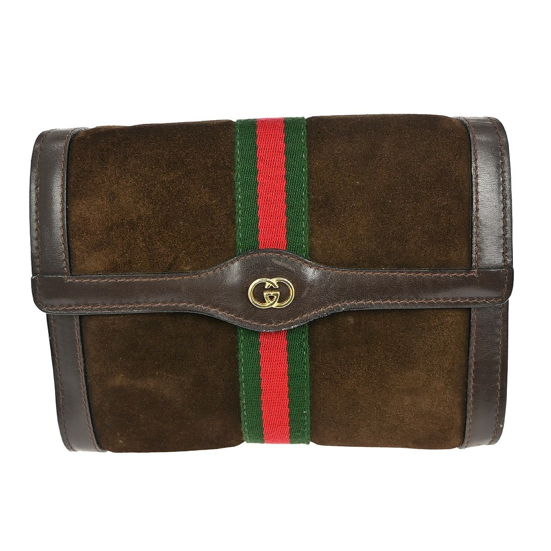 Gucci GG Medium Brown Suede Button Closure Clutch Pouch Bag: Gucci GG Medium Brown Suede Button Closure Clutch Pouch Bag This medium-sized Gucci GG pouch clutch bag features a brown suede exterior with the iconic Gucci GG pattern. It has a button closure and is