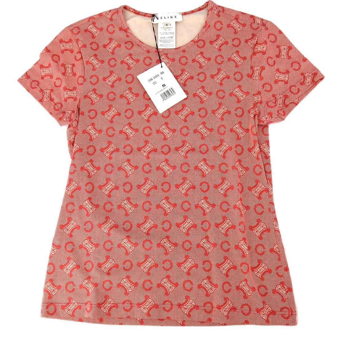Celine Macadam Red Short Sleeve Round Neck T-shirt S: Celine Macadam Red Short Sleeve Round Neck T-shirt S This Celine short sleeve T-shirt is a stylish addition to your casual wardrobe. Crafted from a blend of 88% cotton and 12% spandex, it offers comfo