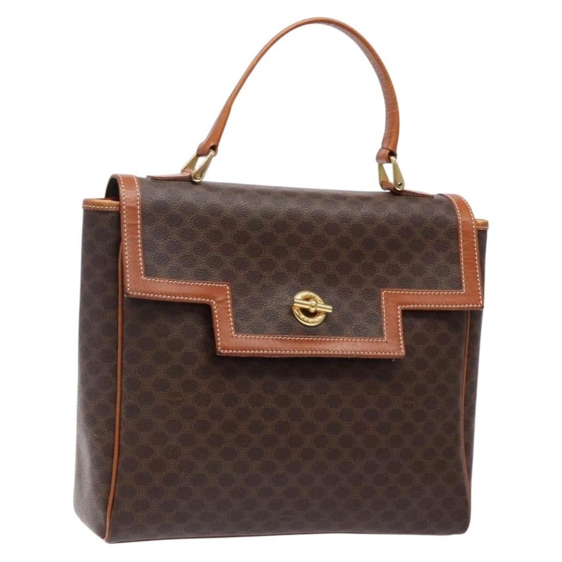 CELINE Macadam Canvas Hand Bag PVC Leather Brown Gold Made in France: CELINE Macadam Canvas Hand Bag PVC Leather Brown Gold Made in France This Celine Macadam Canvas Hand Bag is a stylish accessory that combines luxury with practicality. Crafted from durable PVC leather