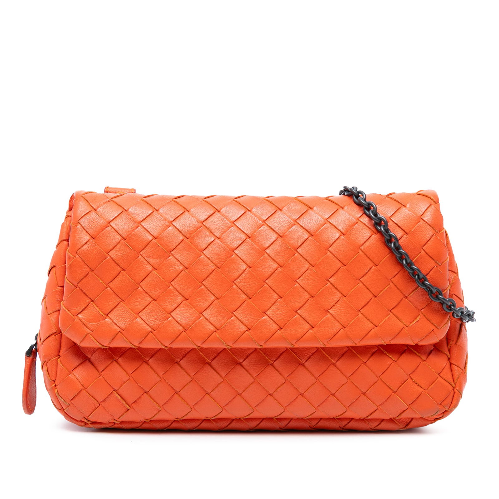 Bottega Veneta Mini Nappa Intrecciato Orange Chain Flap Bag: Bottega Veneta Mini Nappa Intrecciato Orange Chain Flap Bag This Bottega Veneta Mini Nappa Intrecciato Expandable Chain Flap Crossbody bag beautifully combines style and functionality. Crafted from wo