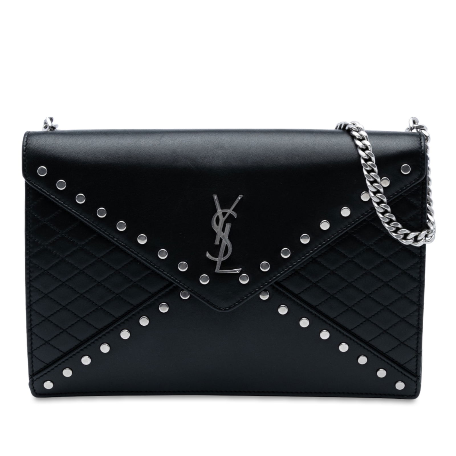 Saint Laurent Black Quilted Lambskin Gaby Shoulder Bag with Studs: Saint Laurent Black Quilted Lambskin Gaby Shoulder Bag with Studs Introducing the Saint Laurent Quilted Lambskin Studded Monogram Gaby Shoulder Bag, a stylish and sophisticated accessory perfect for a