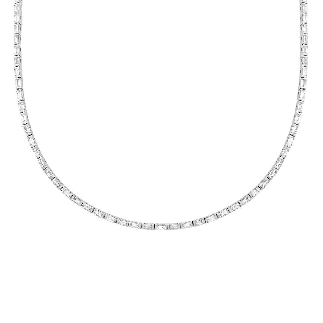 Rachel Koen 18K White Gold Baguette Diamond Tennis Necklace 4.60Cttw: Rachel Koen 18K White Gold Baguette Diamond Tennis Necklace 4.60Cttw Elevate your jewelry collection with this stunning Baguette Cut Diamond Tennis Necklace, meticulously crafted in 18K white gold. Th