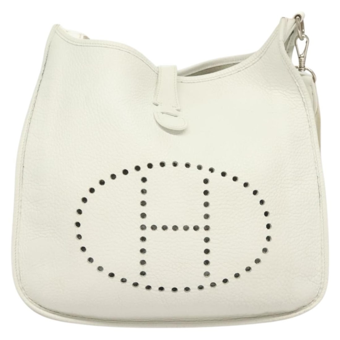 Hermes Evelyne Generation I White Shoulder Bag: Hermes Evelyne Generation I White Shoulder Bag This is a Hermes Evelyne Generation I bag in white, designed for female use. The bag shows signs of use, including some loss of shape, slight rubbing, an