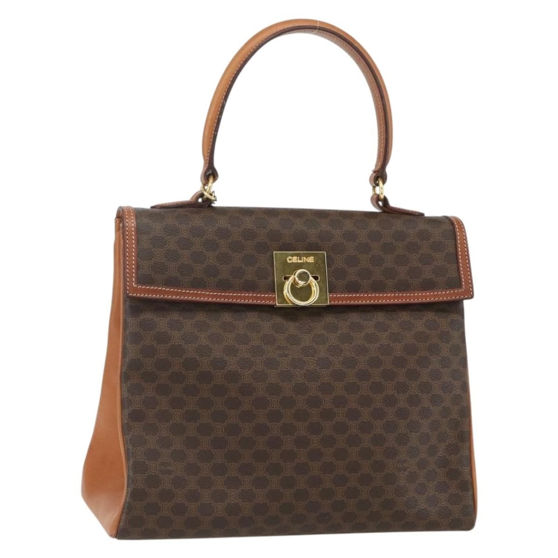 CELINE Macadam Canvas Hand Bag Brown Gold PVC Leather Auth: CELINE Macadam Canvas Hand Bag Brown Gold PVC Leather Auth Introducing the CELINE Macadam Canvas Hand Bag, a stylish accessory crafted in Italy. This exquisite hand bag features a striking exterior ma