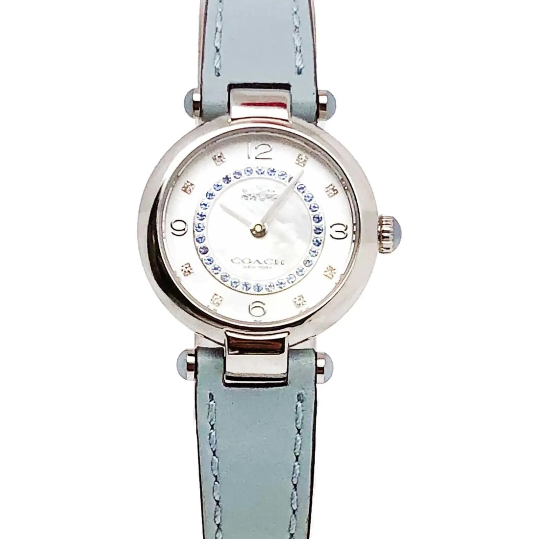 Coach Cary Aqua Quartz Ladies Watch MOP Dial Gray Bezel Blue Leather Band: Coach Cary Aqua Quartz Ladies Watch MOP Dial Gray Bezel Blue Leather Band Discover the elegance of the Coach Cary Aqua Ladies Watch, a stunning timepiece designed for dress and formal occasions. This