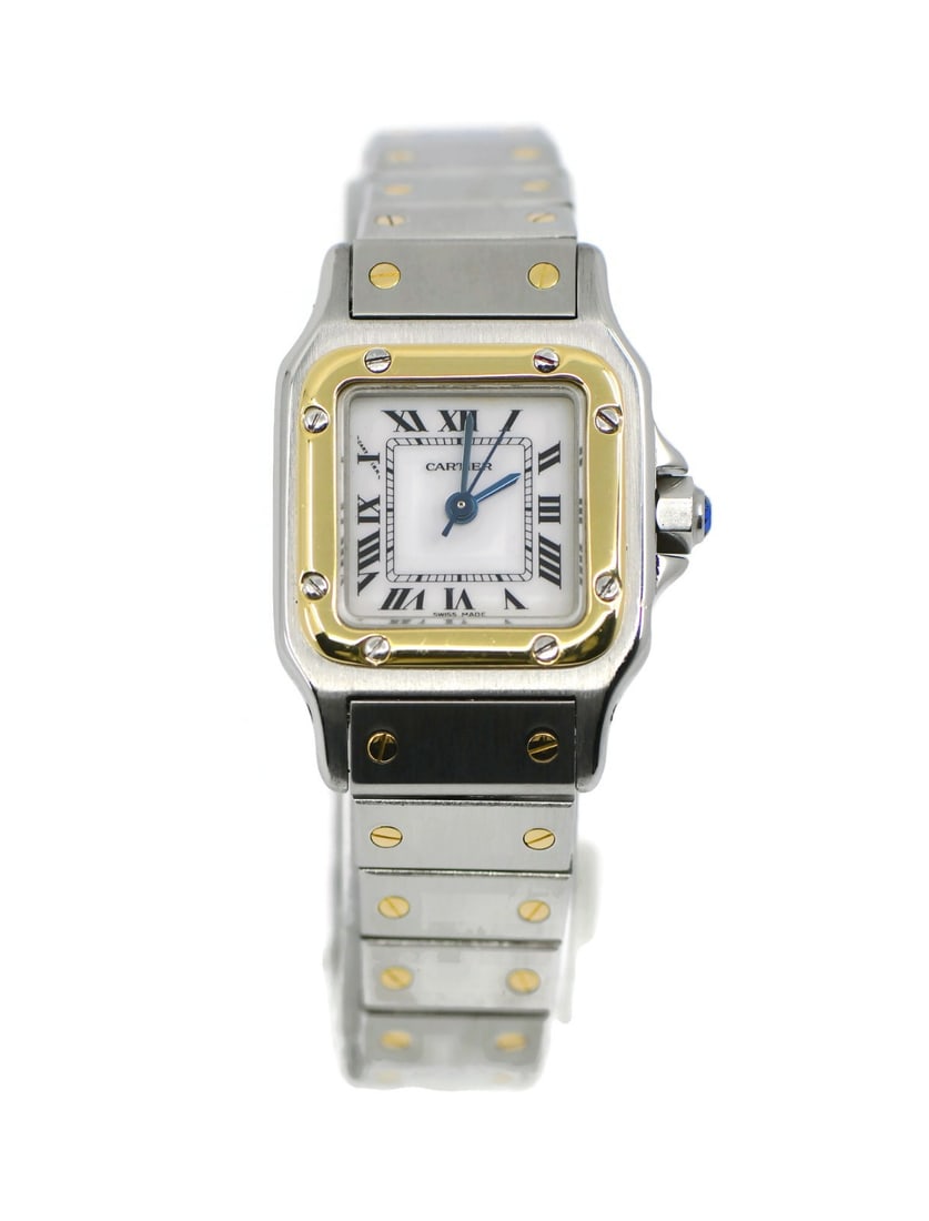 Santos Automatic Wristwatch by Cartier 24mm 18K and Steel with Box: Santos Automatic Wristwatch by Cartier 24mm 18K and Steel with Box This Cartier Santos wristwatch features a 24 mm stainless steel case with 18K accents and a white analog dial. It is powered by a mec