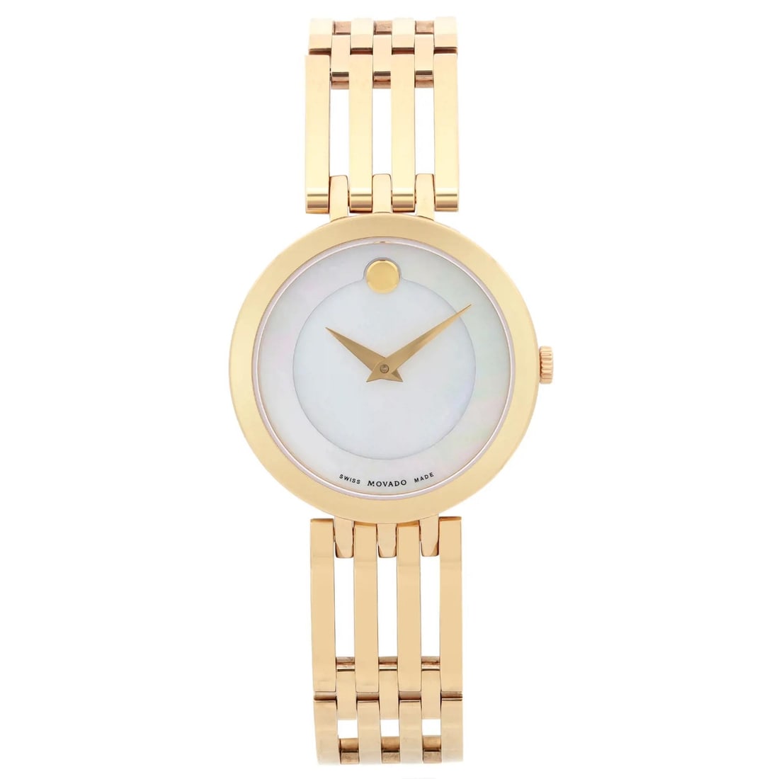 Movado Esperanza 28mm Gold-Tone Stainless Steel MOP Dial Ladies Quartz Watch: Movado Esperanza 28mm Gold-Tone Stainless Steel MOP Dial Ladies Quartz Watch Introducing the Movado Esperanza, a stunning ladies' wristwatch that combines elegance with functionality. This 28mm round