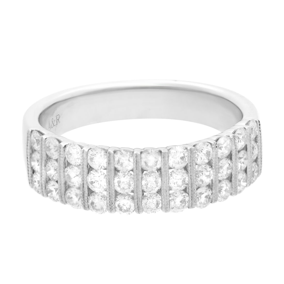 Rachel Koen 18K White Gold Diamond Milgrain Wedding Band 1.05cttw Size 7: Rachel Koen 18K White Gold Diamond Milgrain Wedding Band 1.05cttw Size 7 Elegant and sophisticated, this Diamond Channel Set Milgrain Wedding Band Ring is crafted in luxurious 18K white gold. The ring