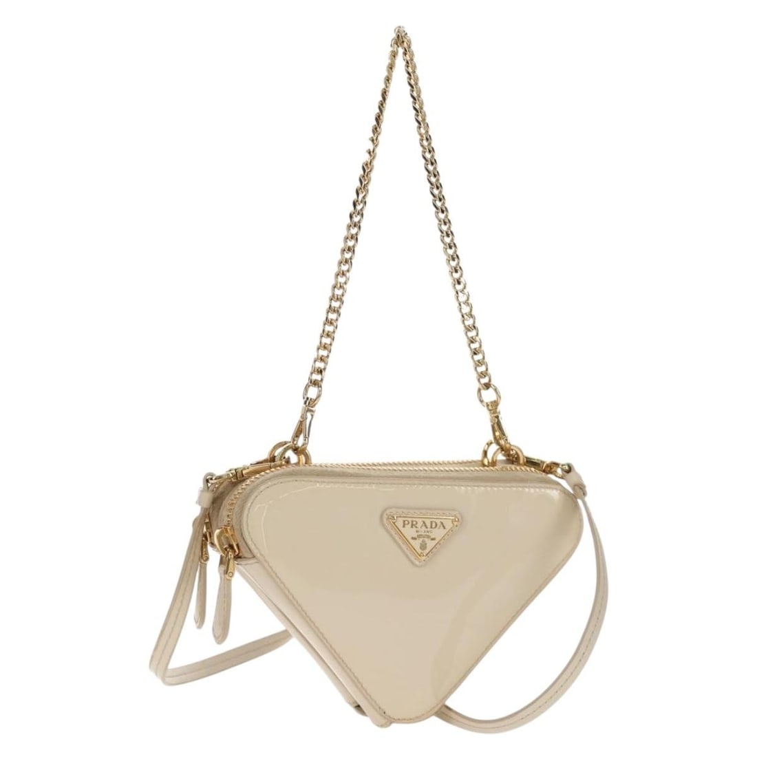 PRADA 1NR015 Triangle Mini Pouch Enamel Ivory Gold Authentic: PRADA 1NR015 Triangle Mini Pouch Enamel Ivory Gold Authentic Introducing the PRADA Triangle Mini Pouch, a chic and versatile accessory that effortlessly combines elegance with functionality. Crafted i