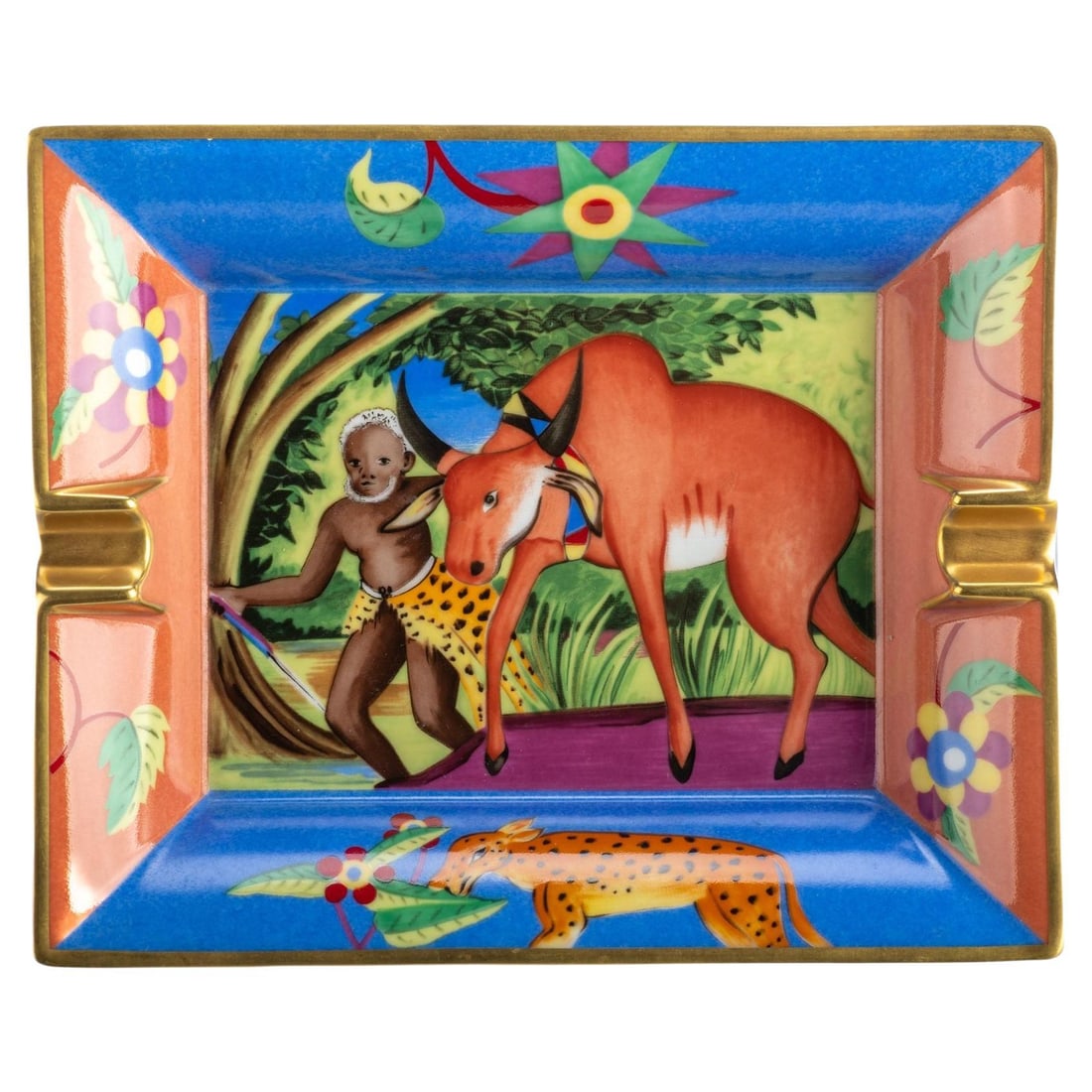 Hermes Jungle Design Porcelain Ashtray France 21st Century: Hermes Jungle Design Porcelain Ashtray France 21st Century This exquisite Hermes Jungle Porcelain Ashtray features a vibrant jungle scene design in striking blue, green, and brown hues. Crafted in Fra