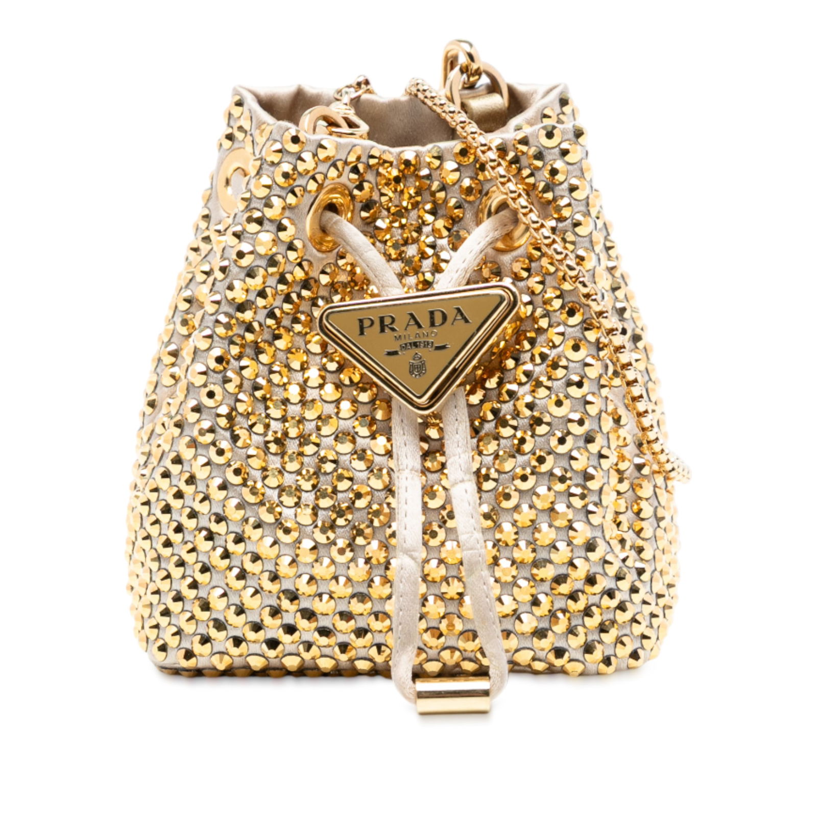 Prada Mini Re Nylon Gold Crystal Embellished Bucket Bag with Chain Strap: Prada Mini Re Nylon Gold Crystal Embellished Bucket Bag with Chain Strap This Prada Mini Re Nylon Crystal Embellished Drawstring Bucket Bag features a nylon body adorned with crystal embellishments. I