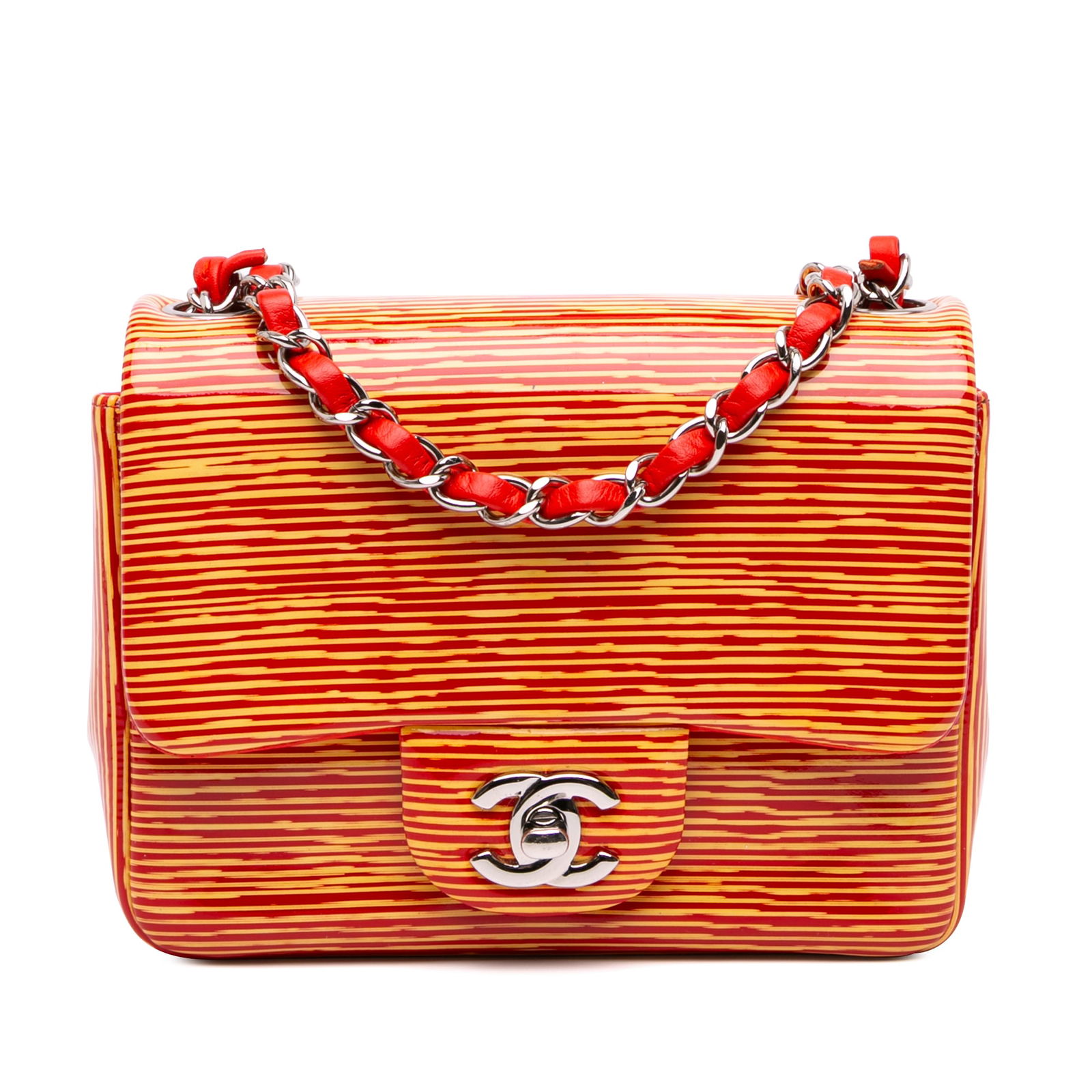Chanel Mini Square Classic Patent Flap Bag Orange Leather: Chanel Mini Square Classic Patent Flap Bag Orange Leather Elevate your accessory collection with the Chanel Mini Square Classic Patent Striped Single Flap bag. This chic flap bag is crafted from luxur