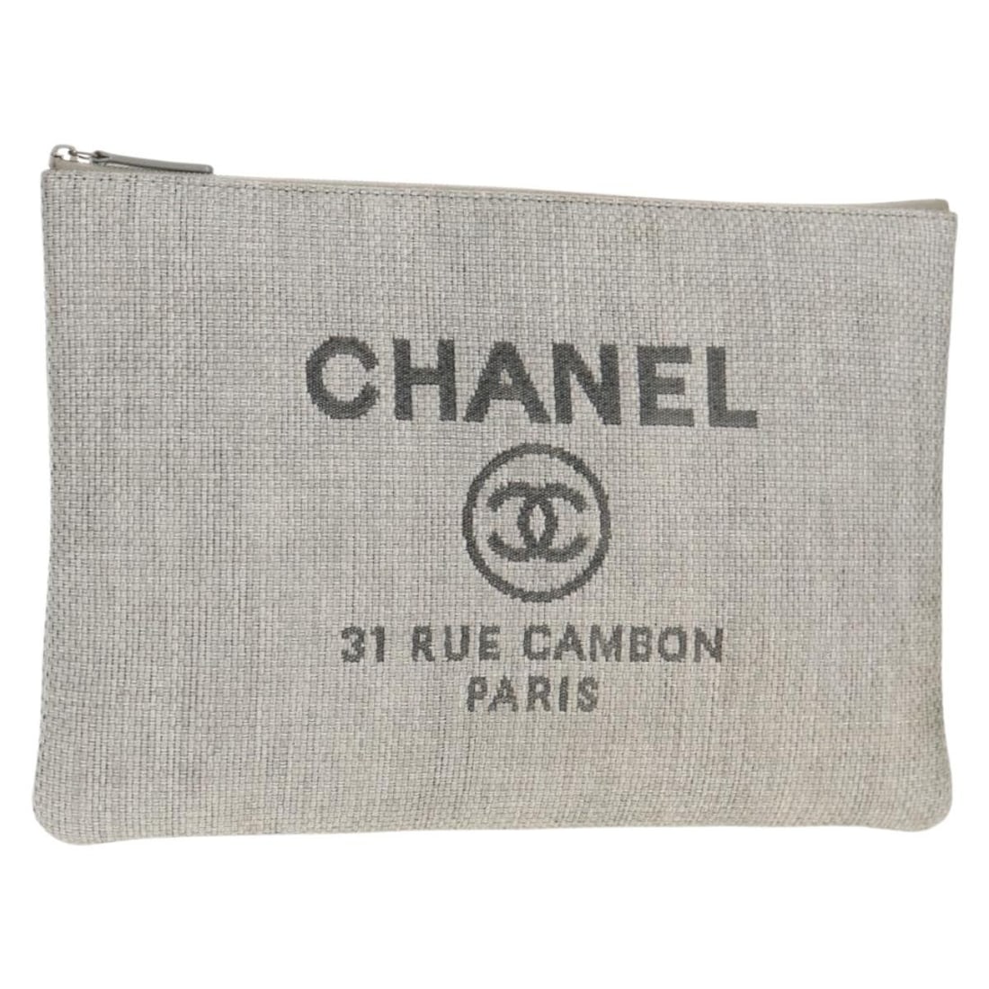 CHANEL Gray Canvas Clutch Bag with Auth Card Italy 148530M: CHANEL Gray Canvas Clutch Bag with Auth Card Italy 148530M This elegant CHANEL clutch bag is crafted from high-quality gray canvas, showcasing the iconic CC logo. Made in Italy, it features a spacious