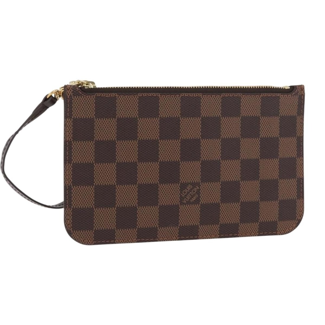 Neverfull PM Damier Ebene Canvas Pouch by Louis Vuitton: Neverfull PM Damier Ebene Canvas Pouch by Louis Vuitton This is a Louis Vuitton Neverfull PM pouch crafted from Damier Ebene canvas. The pouch features a compact design with a brown Damier Ebene patte