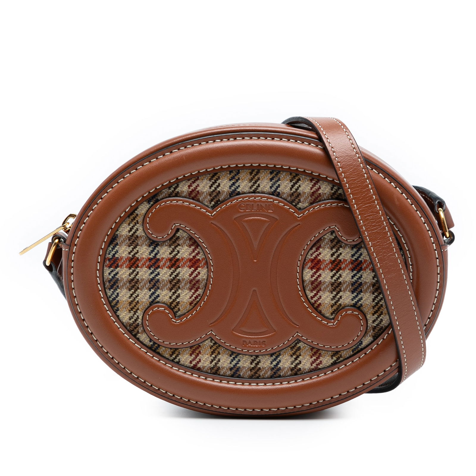 Celine Small Houndstooth Canvas Calfskin Triomphe Crossbody Bag: Celine Small Houndstooth Canvas Calfskin Triomphe Crossbody Bag Introducing the Celine Small Houndstooth Canvas and Calfskin Cuir Triomphe Oval Crossbody bag, a stylish accessory crafted with a unique