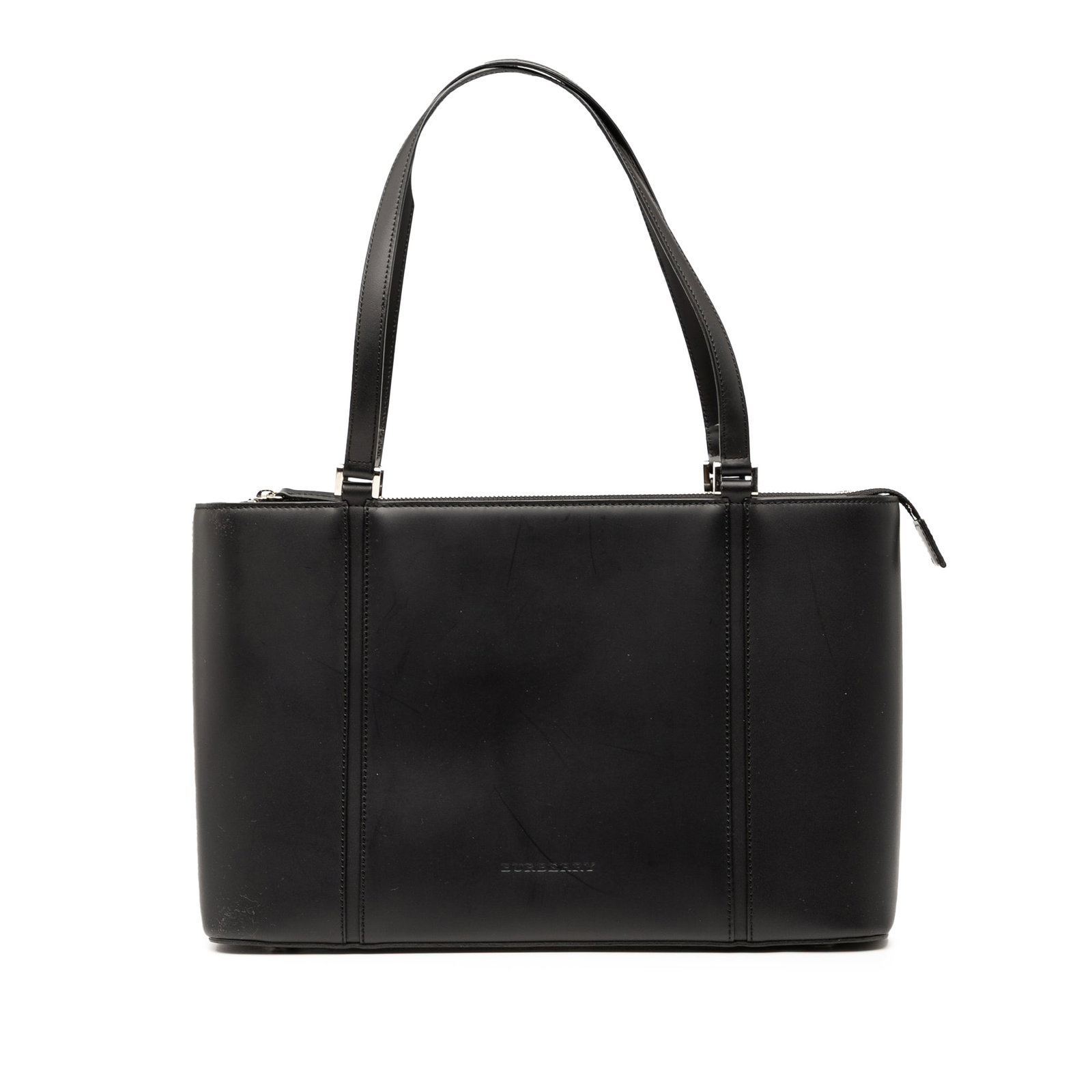 Burberry Black Leather Tote with Zip Closure and Pockets: Burberry Black Leather Tote with Zip Closure and Pockets This Burberry Leather Tote is a stylish and functional accessory crafted from high-quality leather. It features flat leather handles for comfor