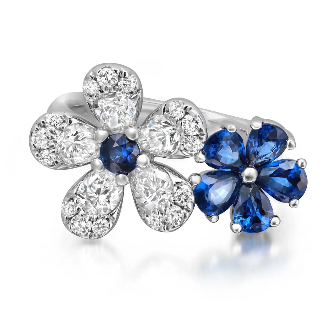 Rachel Koen Floral Cocktail Ring 18K White Gold Blue Sapphire 1.11Ct Diamond 0.97Ct (1 of 5)