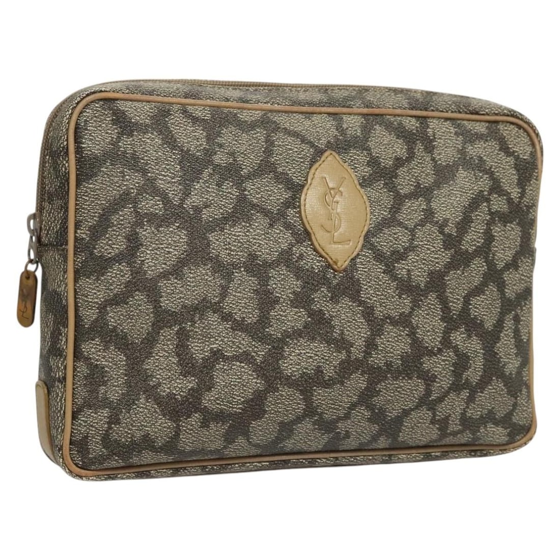 Gray Vintage Clutch Purse by Saint Laurent: Gray Vintage Clutch Purse by Saint Laurent This Saint Laurent vintage clutch features a gray exterior with signs of wear, including out-of-shape areas and rubbing on the surface. The metal fittings sh