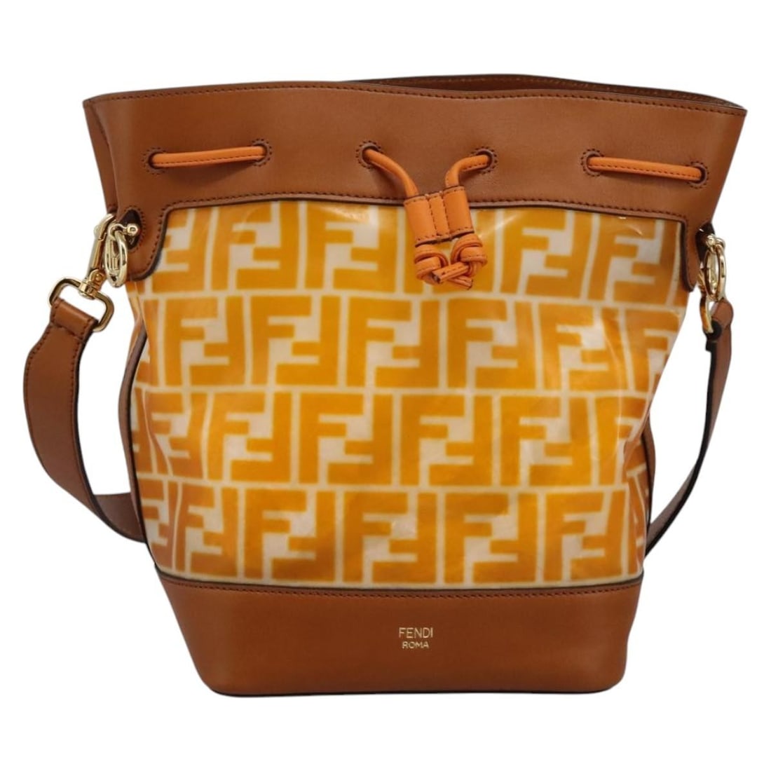 Mon Tresor Bucket Shoulder Bag in Orange with FF Logo by Fendi: Mon Tresor Bucket Shoulder Bag in Orange with FF Logo by Fendi This Fendi Mon Tresor Bucket Bag features the iconic FF logo and is crafted in vibrant orange leather. Designed as a shoulder bag for wom