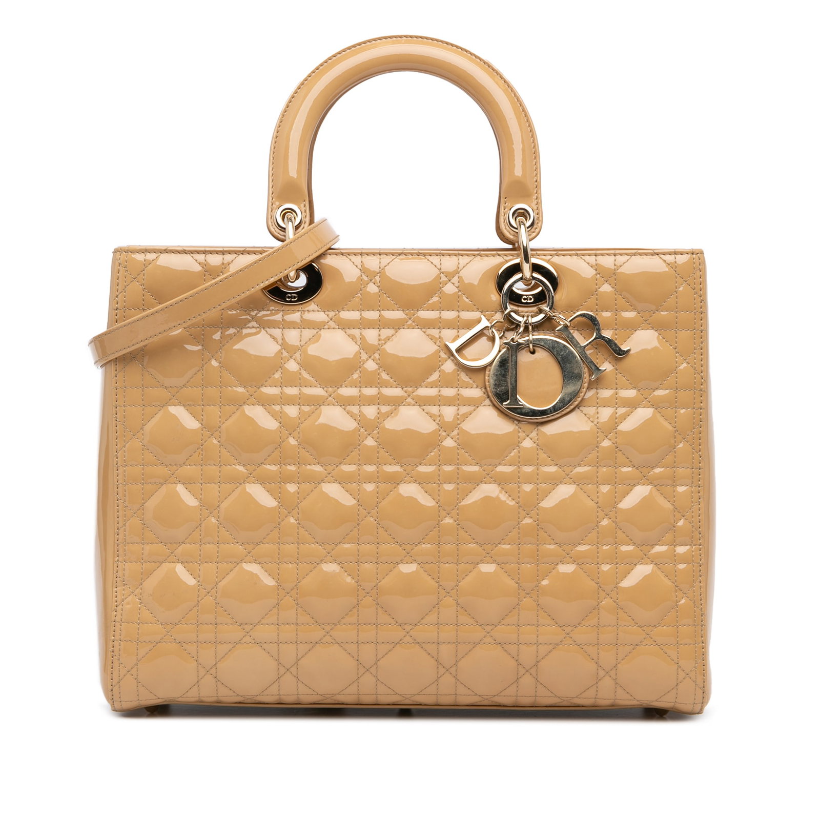 Dior Large Patent Cannage Lady Dior Brown Leather Bag: Dior Large Patent Cannage Lady Dior Brown Leather Bag This Large Patent Cannage Lady Dior bag is a stunning piece made from high-quality patent leather. It showcases flat leather handles and comes wit