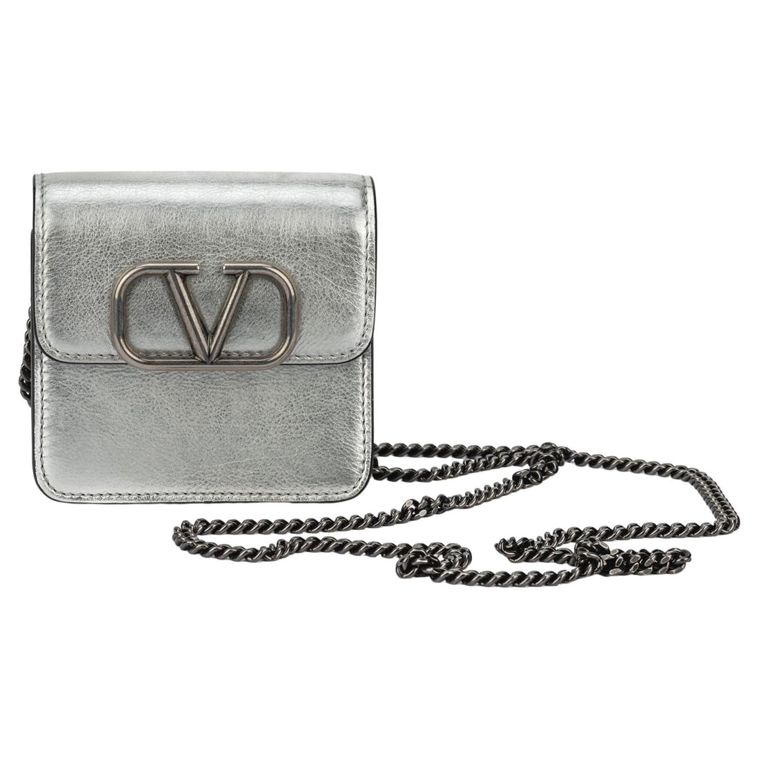 Valentino Metallic Leather Mini Cross Body Bag with Ruthenium Chain: Valentino Metallic Leather Mini Cross Body Bag with Ruthenium Chain Elevate your accessory collection with this stunning Valentino Silver Mini Cross Body Bag. Crafted from metallic leather, this styli