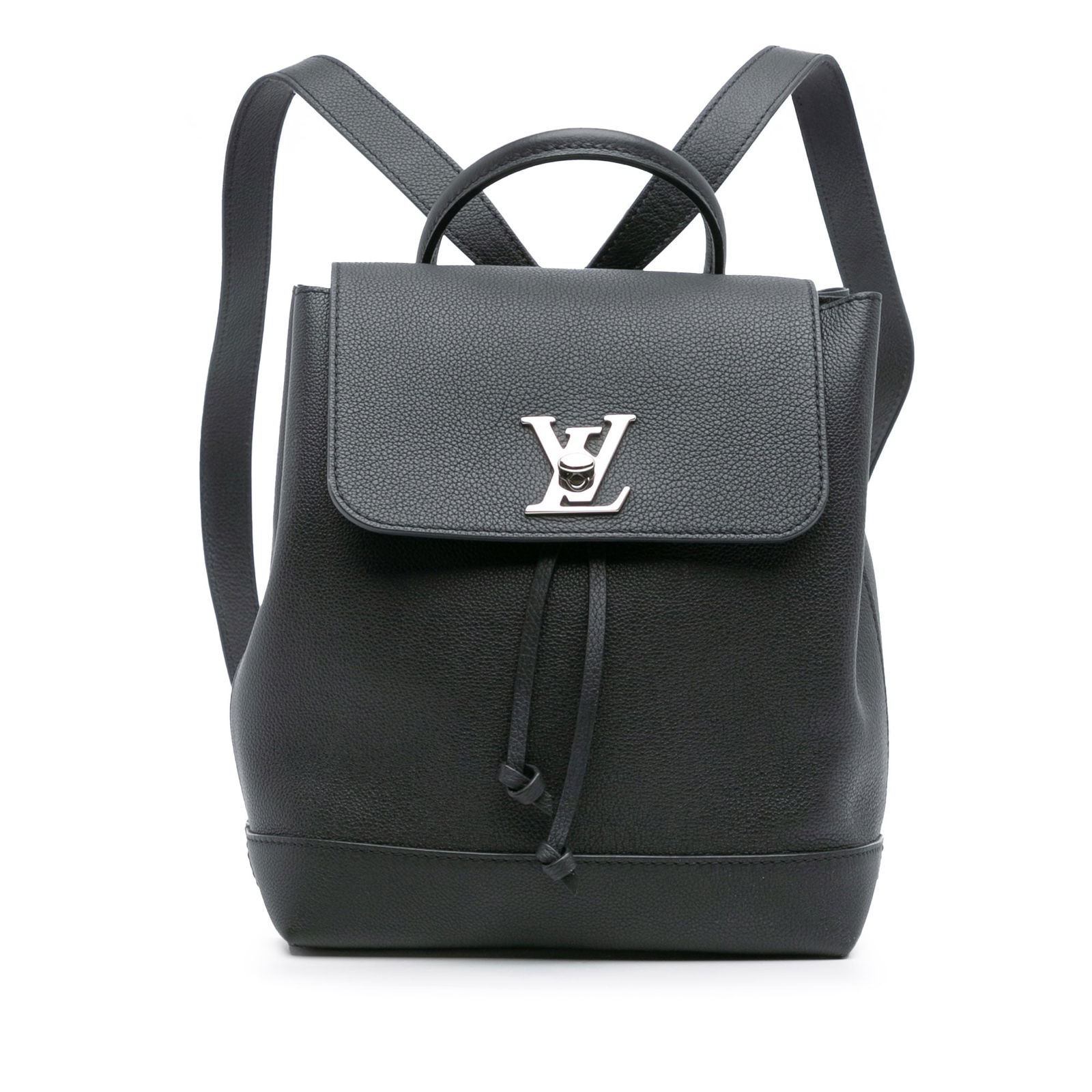Louis Vuitton Taurillon Lockme Black Leather Backpack with Silver Lock: Louis Vuitton Taurillon Lockme Black Leather Backpack with Silver Lock Discover the elegance of the Louis Vuitton Taurillon Lockme Backpack, expertly crafted from high-quality leather. This stylish ba
