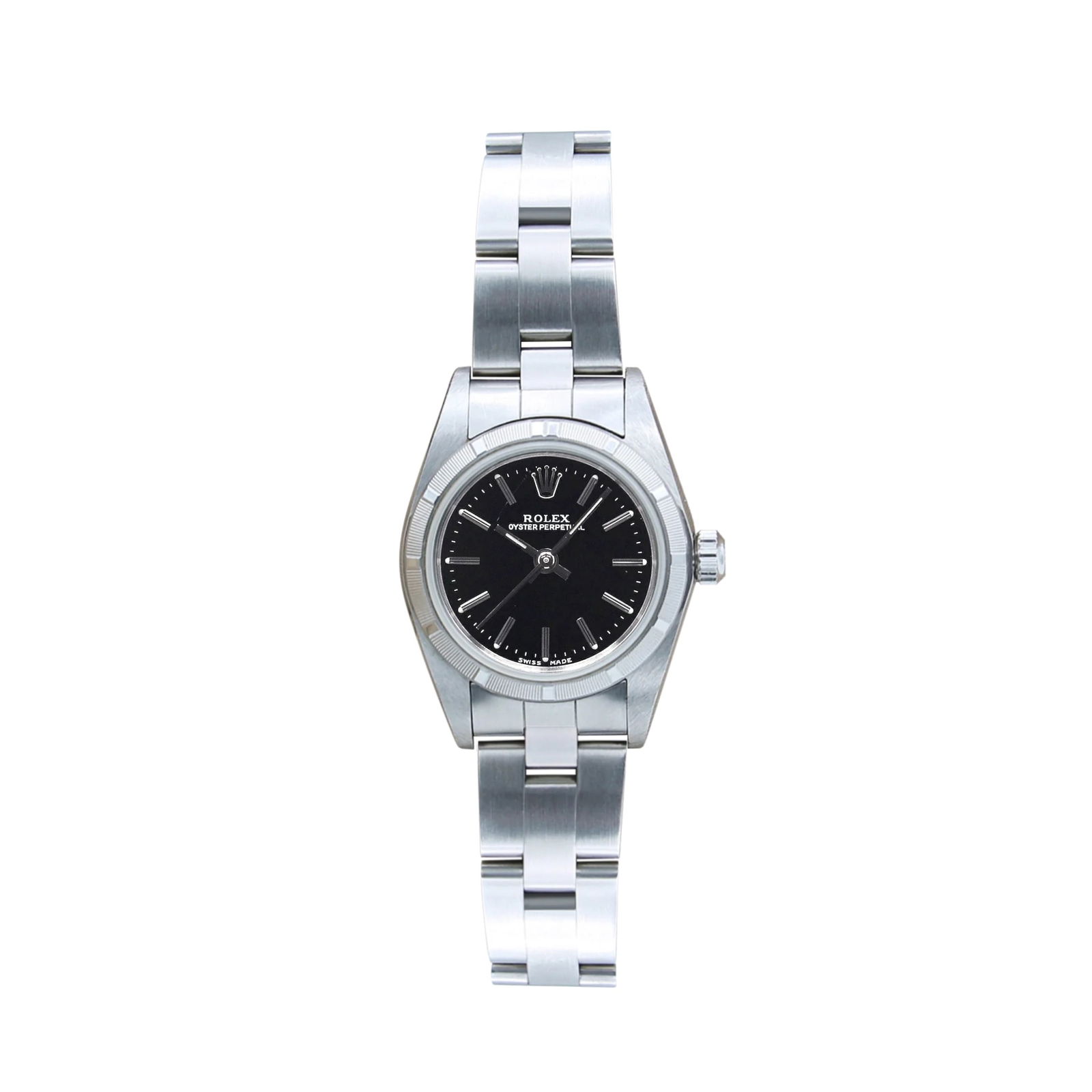 Ladies Rolex Oyster Perpetual Ref 76030 Black Dial with Papers 2001: Ladies Rolex Oyster Perpetual Ref 76030 Black Dial with Papers 2001 This is a ladies' Rolex Oyster Perpetual watch, featuring a black dial and an engine-turned bezel. The timepiece comes with an Oyste