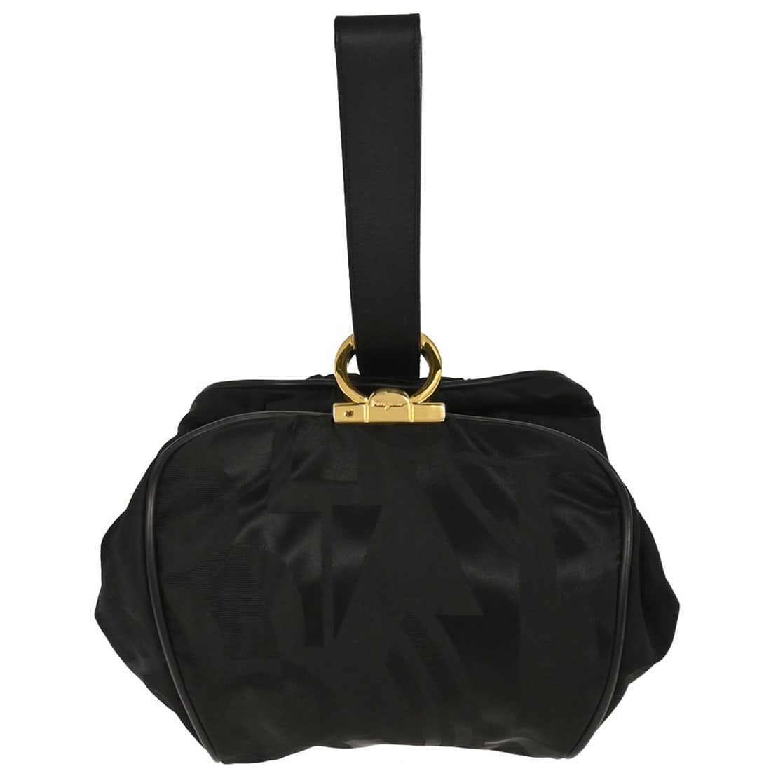 Salvatore Ferragamo Black Nylon Gancini Top Handle Handbag: Salvatore Ferragamo Black Nylon Gancini Top Handle Handbag Introducing the Salvatore Ferragamo Black Nylon Gancini Pouch Handbag, a stylish accessory perfect for casual occasions. This small top handl