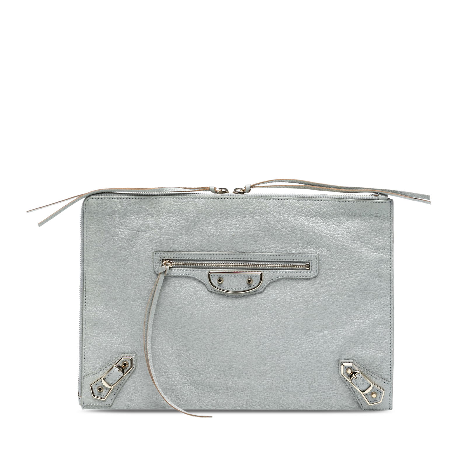 Balenciaga Gray Calfskin Motocross Classic Zip Around Clutch: Balenciaga Gray Calfskin Motocross Classic Zip Around Clutch Introducing the Balenciaga Calfskin Motocross Classic Zip Around Flat Clutch, a stylish accessory that combines functionality with luxury.