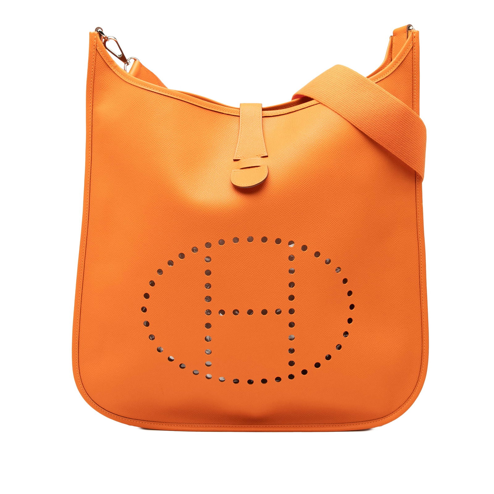Hermes Epsom Evelyne II TGM Orange Leather Crossbody Bag: Hermes Epsom Evelyne II TGM Orange Leather Crossbody Bag The Hermes Epsom Evelyne II TGM is a stylish and functional bag crafted from durable Epsom leather in a vibrant Orange color. This bag features