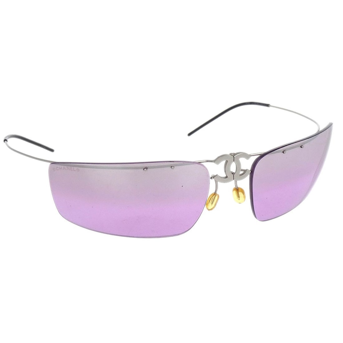 Chanel CC Logos Purple Sunglasses Silver Frame Pink Lenses: Chanel CC Logos Purple Sunglasses Silver Frame Pink Lenses Elevate your eyewear collection with these stylish Chanel sunglasses. Featuring a chic silver frame adorned with the iconic CC logos, these s