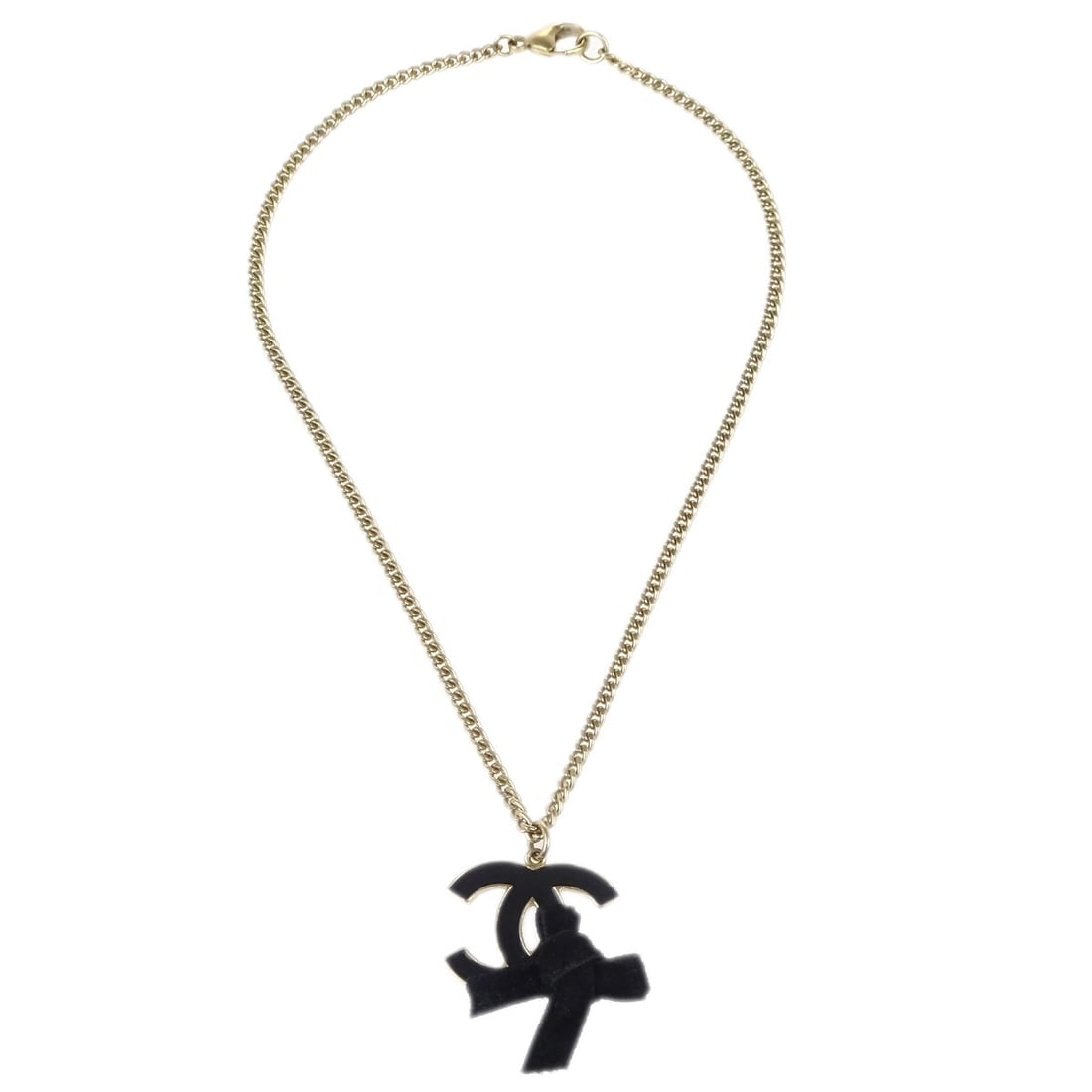 Chanel Bow Pendant Necklace with Gold and Black CC Chain: Chanel Bow Pendant Necklace with Gold and Black CC Chain This Chanel CC Bow Chain Pendant Necklace features a gold and black design, offering a stylish and elegant accessory suitable for women. It is