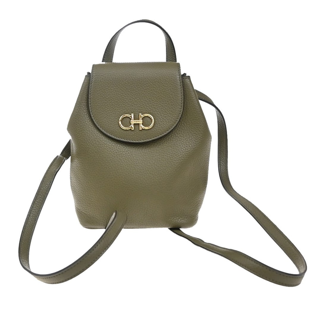 Khaki Gancini Backpack by Salvatore Ferragamo: Khaki Gancini Backpack by Salvatore Ferragamo This pre-owned Salvatore Ferragamo Gancini backpack in khaki features a classic design for women. It shows some scuffs, dirt, and scratches on both the ex