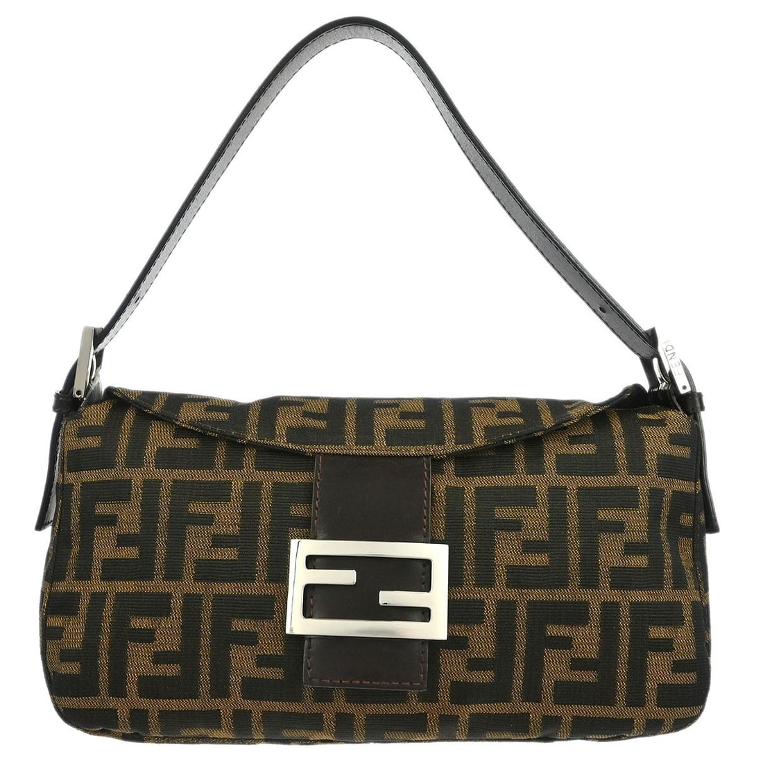 Fendi Brown Zucca Handbag 2813-26725-018 with Silver Hardware: Fendi Brown Zucca Handbag 2813-26725-018 with Silver Hardware This elegant Fendi handbag features a classic brown Zucca pattern, crafted from durable canvas. With its medium size, this bag is ideal fo