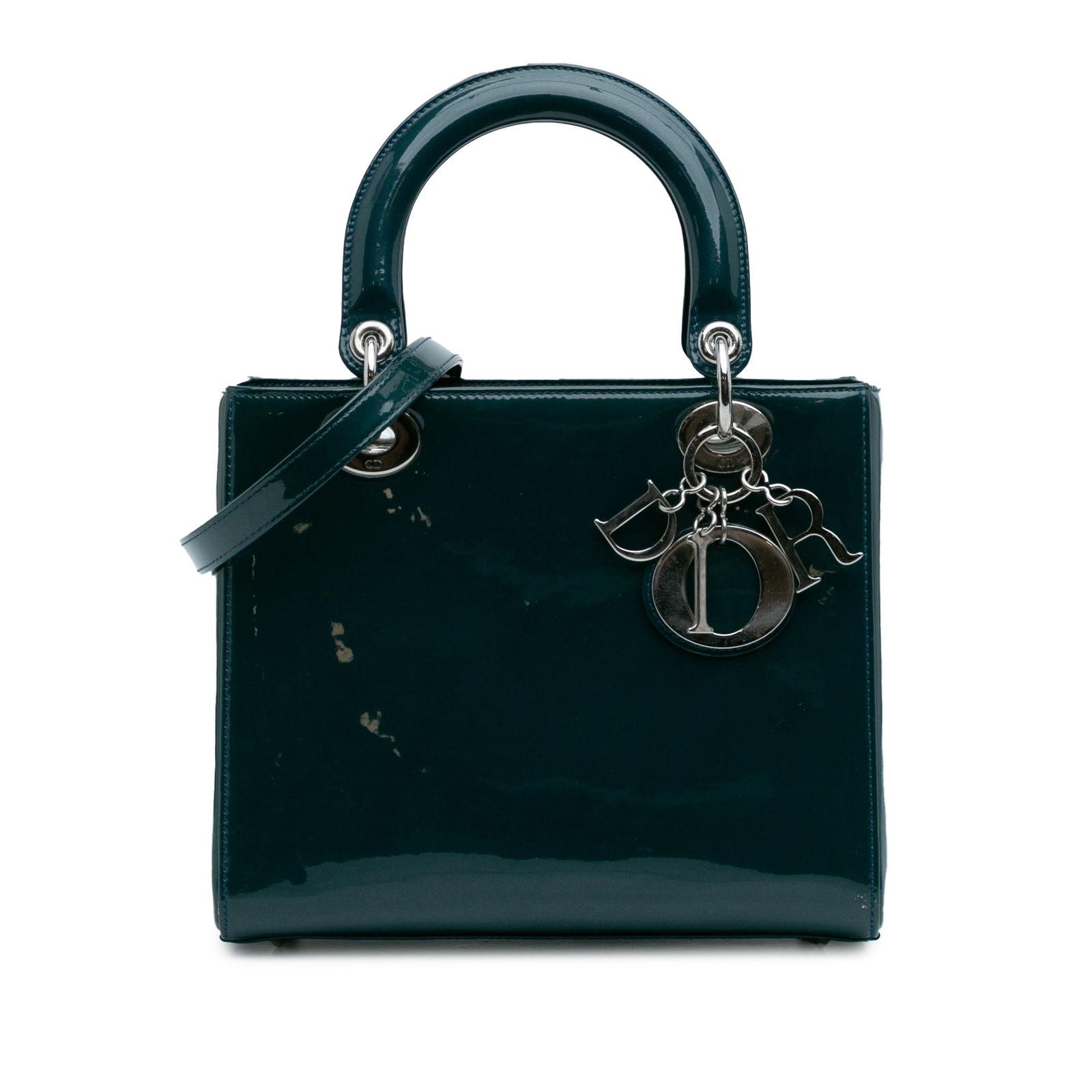 Dior Medium Patent Lady Dior Green Leather Handbag: Dior Medium Patent Lady Dior Green Leather Handbag The Medium Patent Lady Dior is a luxurious handbag crafted from high-quality patent leather, showcasing a vibrant green color. It features flat leath